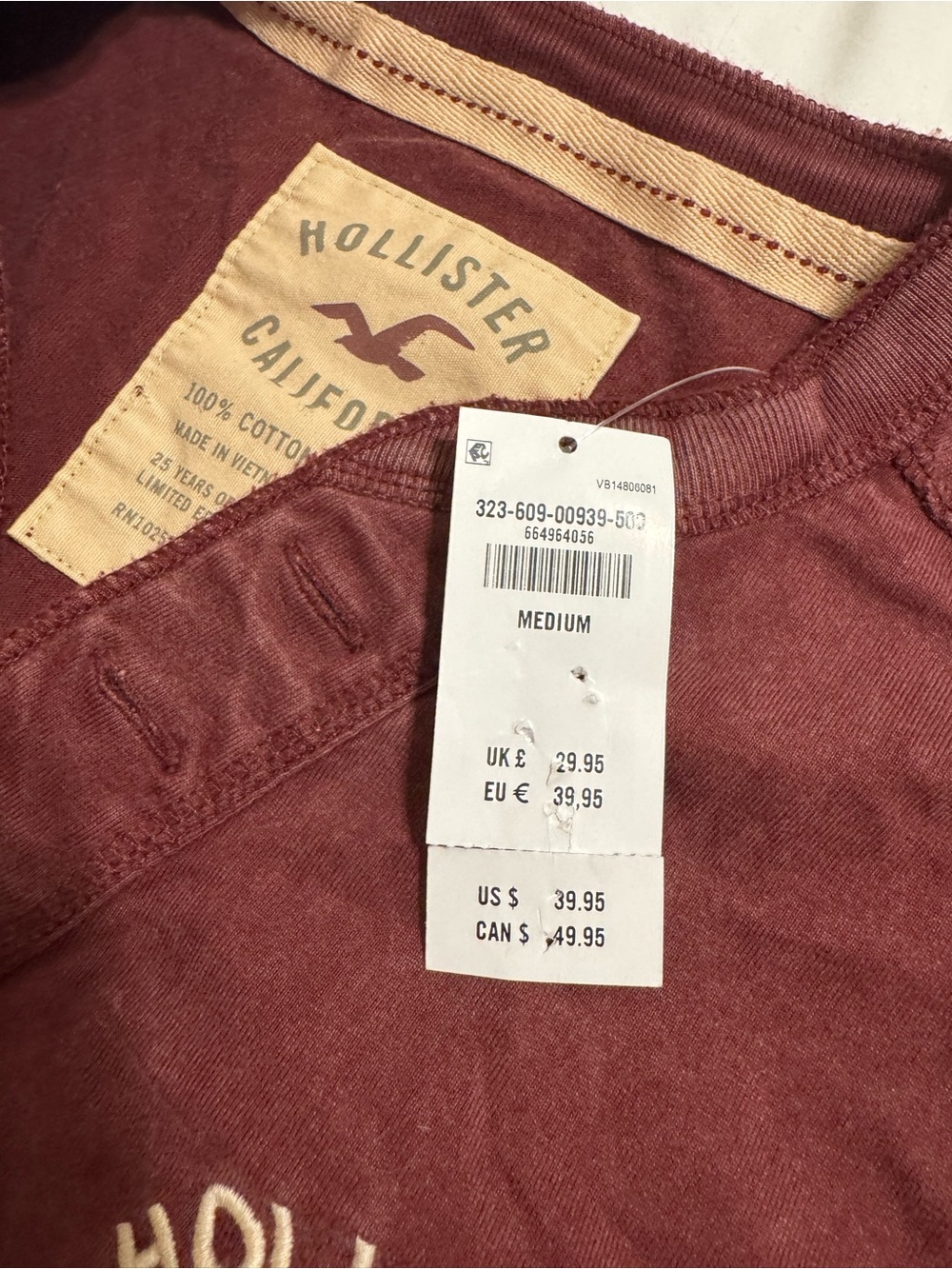 Hollister Men's Long-Sleeve Henley - Maroon with Yellow Logo - Picture 3 of 4